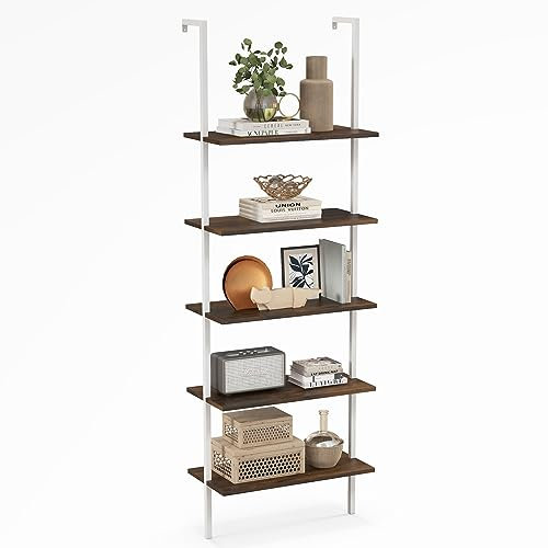 GIANTEX Leiterregal mit 5 Ebenen, Standregal Bücherregal aus Holz & Metallrahmen, Wandlehnregal Treppenregal Pflanzenregal modern für Wohnzimmer, Schlafzimmer, Büro, 60 x 30 x 180 cm (Braun)