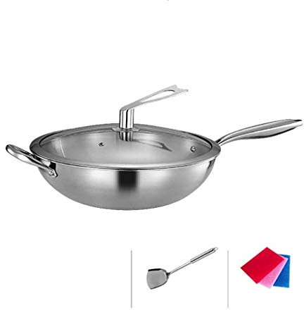 OQHAIR Wok para inducción Wok de Acero Inoxidable 304 Salteado Sartén Antiadherente Wok Estufas de Gas Cocina de inducción Estufa de Gas Olla Especial (Tamaño: 32 cm) (32 cm)