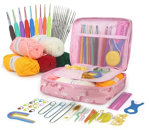 OPTIVICE Häkelset für Anfänger Erwachsene - 30+ teiliges Set mit ergonomischen Häkelnadeln (0,6-6,0 mm), Garn, Zubehör & Aufbewahrungskoffer - Stricken & Häkeln Starter Kit für Kinder & Erwachsene