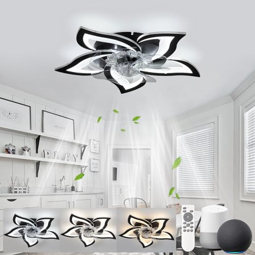 KeLuKes 65cm Deckenventilator mit Beleuchtung Leise, Blumen-Deckenleuchte mit Ventilator Kompatibel mit Alexa und Google Assistant, Timer Dimmbarer Ventilator mit Lampe für Schlafzimmer, Schwarz