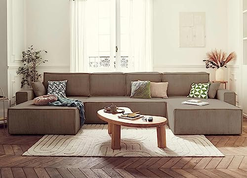 Bestmobilier Dellia – Wohnlandschaft U-Form – 7-Sitzer – mit Schlaffunktion – mit Bettkasten – aus Cord Taupe