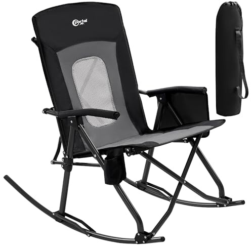 Portal Oversized Folding Rocking Camping Chair Portable Outdoor Rocker with High Back Hard Armrests Carry Bag, Supports 400 lbs, Mesh Back, Black & Grey