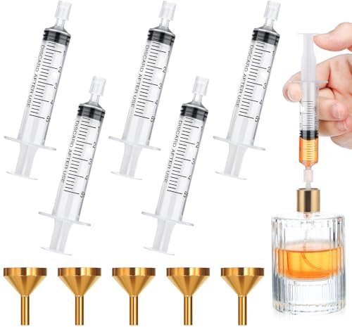 Segbeauty Trasferimento di Profumo Cosmetico, 5 Pezzi Imbuto Metallico e 6 Pezzi 5ml Siringa, Strumenti per la Ricarica del Profumo, Accessori per Dispenser Profumo da Viaggio