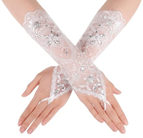 Yolev Spitze Brauthandschuhe Weiß Damen Fingerlose Handschuhe Lange Strass Spitzenhandschuhe Tee Party Ärmel Armbedeckung Lang Handschuhe Tüllärmel für Oper Hochzeit Braut 20er Jahre Halloween Kostüm