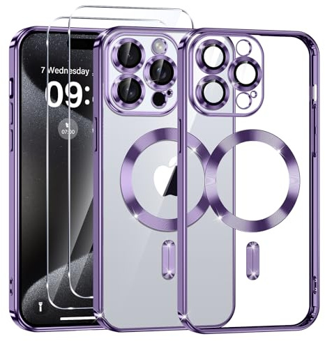 Phoona Cover Placcatura per iPhone 15 Pro Max 6,7 Pollici, Obiettivo per Fotocamera Protezione Completa e 2 × vetro temperato, Compatibile con MagSafe Ricarica Wireless, Protezione Militare, Viola