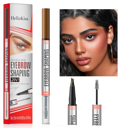 Crayon et gel pour sourcils 2-en-1 avec embout à 4 fourches, crayon contour des sourcils, effet maquillage naturel (Gris)