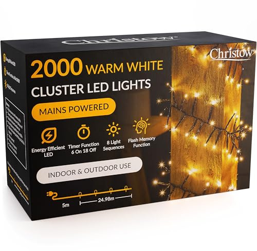 CHRISTOW Christmas Cluster Lights, 2000 LEDs, Warm White | 24.97m Lit Length, Micro LED Cluster Lights, 8 Flash Modes with Memory, Timer Function, Mains Powered, Indoor & Outdoor Use