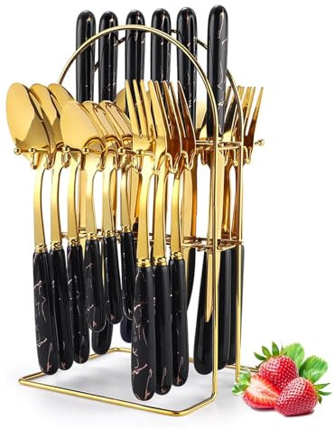 24 Stück Besteckset Aus Edelstahl, Mit Keramikgriffen, Besteck-Sets Spiegelpoliert mit Halter, Inkl Messer, Gabel, LöFfel,TeelöFfel,Spülmaschinenfest, Geeignet Für Hochzeiten/Weihnachten (schwarz)