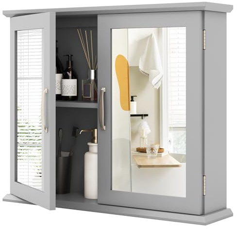 COSTWAY Bathroom Mirror Cabinet, Wall Mounted Storage Cupboard with Double Door & 2-Tier Shelf, Wooden Medicine Cabinet Organiser Unit for Bathroom, Kitchen, Living Room and Hallway (Grey)