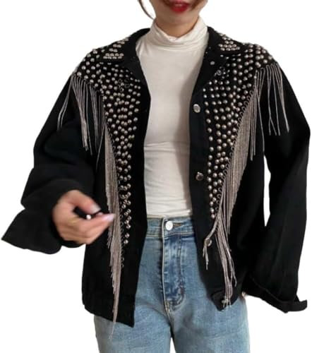 Klassische Jeansjacke für Damen mit Fransen Modetrend Hip Hop Punk Nieten Jeansjacke Elegante lockere lässige Jacke mit Revers und Knöpfen Langen Ärmeln (Schwarz,XL)