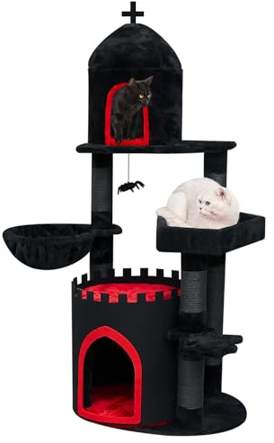 YARUOMY Gothic-Katzenbaum-Schloss, 142,2 cm, schwarzer Katzenturm mit Sarg, Katzenbett, geräumige Katzenhütte für Halloween-Katze, Kraftschnur, Kratzbäume, Spinnen-Hängeball, Gothic-Haustiermöbel