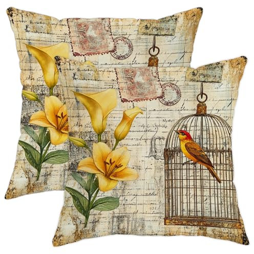 Vintage-Kissenbezüge mit Blumenmuster, gelbe Lilie und Vogelkäfig-Design, dekorative rustikale Heimdekoration für Wohnzimmer, Couch, Bett, 45,7 x 45,7 cm, 2 Stück