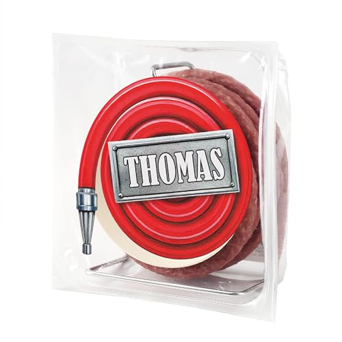 Herz & Heim® Personalisierte Salami Kabeltrommel im Feuerwehrschlauch-Design – Originelles Wurst Geschenk mit Name – Lustige Überraschung für Feuerwehrfans, Männer & Genießer – Individuell bedruckt