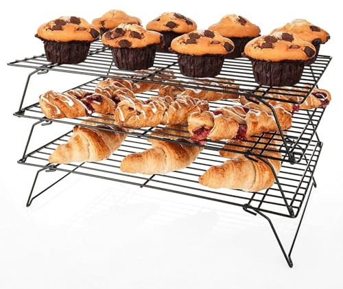 DRELD 3-stufige Kühlgitter zum Backen, Antihaft-Ofenrost aus hochkohlenstoffhaltigem Stahl, platzsparendes Design (40 x 25cm) für Kuchen, Kekse, Pizza, Zusammenklappbar und kompatibel mit Backblechen