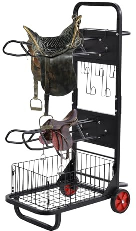 3-Tier Saddle Rack with Wheels- Heavy Duty Steel Stand with 5 Hooks,Portable Bridle Rack-English & Western Saddles/Tack Room,29.5Lx15.7Wx48.6H in,Load Capacity 66Lbs,Black