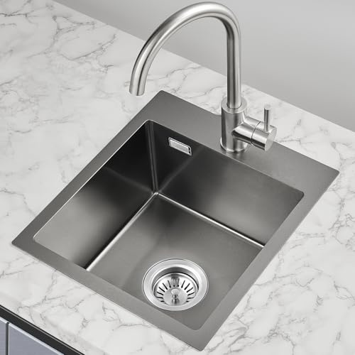 ROVOGO 40 x 34 cm Noir Evier de Cuisine Acier Inox, Lavabo de Cuisine 1 Bac | Kit de vidage d'évier de cuisine avec bonde panier et trop‑plein, Evier de cuisine avec trou pour robinet, montage par‑dessus