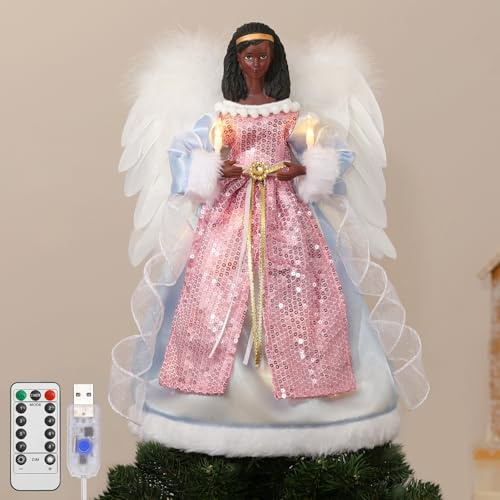 Lewondr Schwarz Weihnachtsbaumspitze Engel, 12'' Afrikanisch Beleuchtet Christbaumspitze Engel mit Flügeln & Kerzenlicht, 8 Modi & 6 Std. Timer, USB & Fernbedienung Weihnachtsdeko für Innen, Rosa+Blau