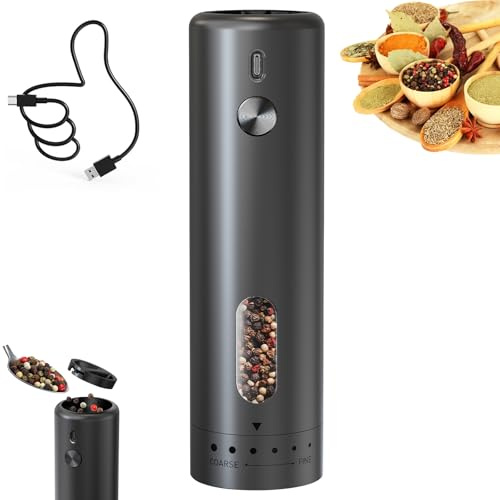 Moulin à sel et poivre électrique avec charge USB-C - 110 ml - Broyage réglable avec lumière LED - Salière électrique pour barbecue, restaurant, cuisine - Noir