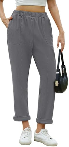 Yutdeng Pantalón de Pana Mujer Pantalones Largos Elegante con Bolsillos Cintura Alta Elasticos Casual 7/8 Pantalones Pana Mujer Suelto Pierna Rectos Pantalón Ancho Invierno Otoño,Gris,L