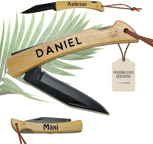 Taschenmesser Bambus, schwarze Klinge, graviert, Geschenk