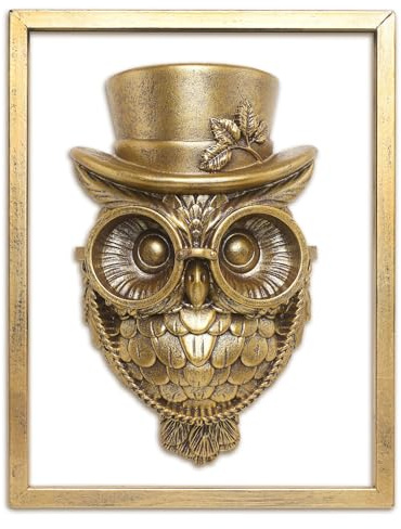 Newinhome Animal Heads Wall Decor (Includes Metal Frame) Halloween Resin Animals Sculptures Head Wall Hanging Decoration Gold vintage Wall Sculpture for Living Room Bedroom Office(Owl)