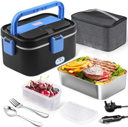 AUTOPkio Electric Lunch Box 1.8L 80W, 12V/24V/220V Large Heating Lunchbox | Upgraded Heated Food Warmer with Carry Bag Fork Spoon for Car Truck Office (Black-Blue)