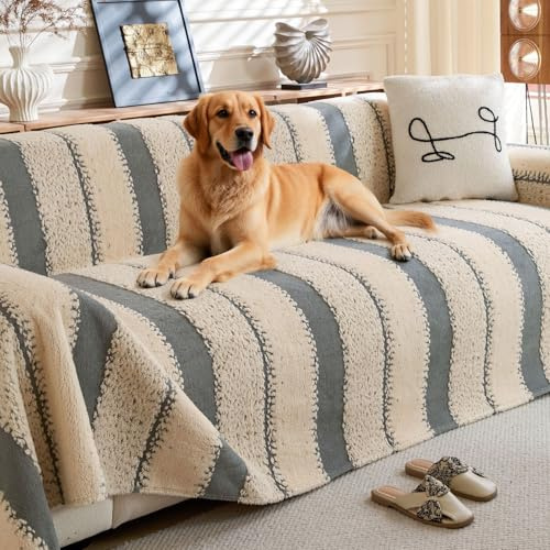 LiveGo Sofabezug für 3 Sitzer, Chenille rutschfester Schonbezug für Sofa, Ganzjahres-Couchbezug für Hunde, Dicke Plüsch-Sofabezüge Futon-Bezug L-förmige Sofabezug mit Quaste (Plüsch Grau, 180 x 300 cm
