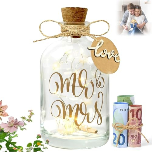 LED Flaschenlicht Hochzeit - Wunscherfüller Geldgeschenke Hochzeit Verpackung, Leuchtflasche für Brautpaar Frisch Verliebte, Verpackungen Hochzeitsgeschenke Geld Personalisiert Hochzeitskasse Spardose