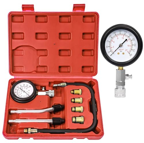 Zorplex Kompressionstester Set mit Manometer 0-21 Bar / 0-300 PSI, Kompressionsmessgerät für KFZ Auto Motorrad LKW Benzin Motor, Inkl, 4 Adapter M10 M12 M14 M18, Kompressionsprüfer Werkzeug (Rot)