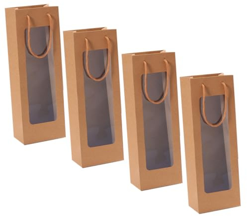 Weinflaschentaschen mit Sichtfenster aus Kraftpapier 4 Stück-pack und Griff | Rotweinbeutel für Flaschen, Wein Geschenktüte für Party und Banquets, Halloween Party Erntedankfest