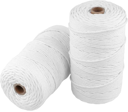 JOIKIT 2 rollos de cordel de algodón de 200 m, cuerda de algodón blanco de 3 mm, cordón de macramé para arte, manualidades, decoración, jardinería