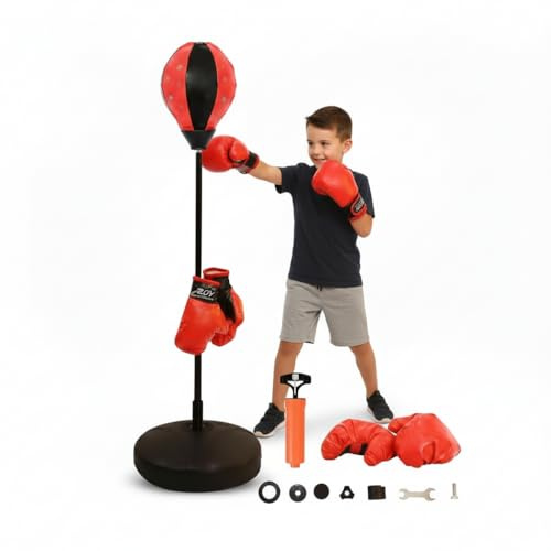 Mucola Kinder Standboxsack Punching Ball Boxbirne Set – Boxtrainer freistehend höhenverstellbar 80-110cm | Inkl. Boxhandschuhe und Pumpe, Boxset für Kinder ab 3 Jahren, Training Fitness Koordination