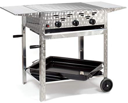 Gasgrill-Kombibräter 11kW 3-flammiger Edelstahl-Brenner fahrbar mit Grillrost und emaillierter Stahlpfanne Grillwagen Gastrobräter Profigrill
