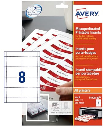 AVERY Zweckform L4728-20 Einsteckschilder für Namensschilder 160 Stück (60x90mm, individuell bedruckbare Einsteckkarten, feine mikroperforation, passend für Ausweishüllen AVERY Art. 4822-4825) weiß