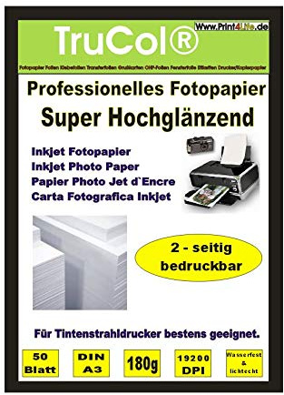 BEIDSEITIG 50 Blatt Fotopapier Photopapier DIN A3 180g /qm - beidseitig Glossy (glaenzend) - sofort trocken - wasserfest - hochweiß - sehr hohe Farbbrillianz Fuer Inkjet Drucker (Tintenstrahldrucker)