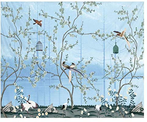 Wifehelper Großer Wandteppich Böhmisch Blau Blumen und Vögel Weich Bequem Langlebig Wandbehang Bettwäsche Tapisserie Wohnzimmer Schlafzimmer Dekoration(150 * 150cm)