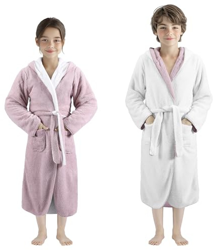 Homelevel Gosig fleece-badrock för barn – sherpa-morgonrock med fickor, sjalkrage och bälte – vändbar barnbadrock för pojkar och flickor, 146 cm