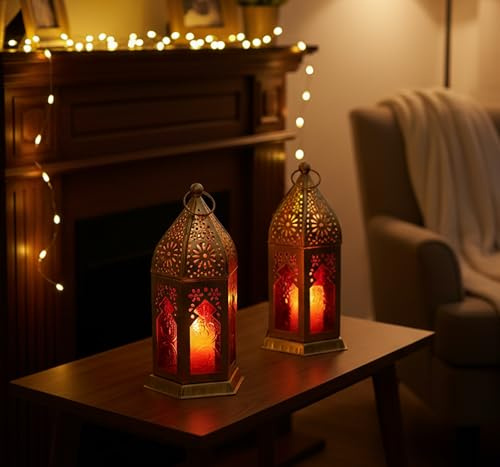 ESPLANADE marockansk lykta | Färgat glas hängande lampa – set med 2 | värmeljushållare | heminredning | röd-gyllene – 16,5 cm (röd-guld)