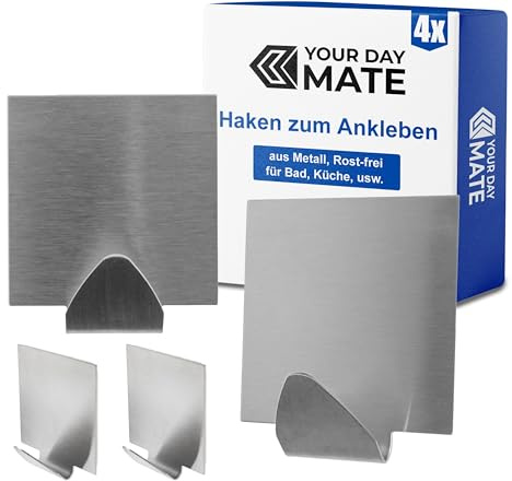 Edelstahl Haken zum Ankleben, 4 Stück, in Silber-farben, Klebehaken für Handtuch, Geschirrhandtuch, Waschlappen, Handtuchhaken Bad, Handtuchhalter Küche, Küchenhaken, Handtuchhalterung selbstklebend