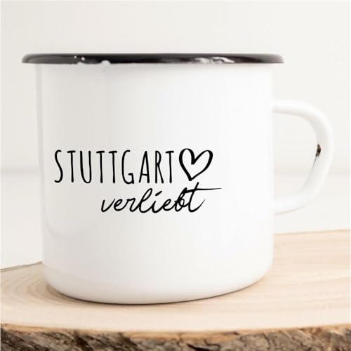 Huuraa Emaille Tasse Stuttgart Verliebt 300ml | Geschenk Kaffeebecher Vintage Blech Campingtasse mit Schwarzem Rand Kaffeetasse Geschenkidee
