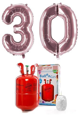 Party Factory – Helium Gasflasche 200L im Set mit XXL Zahlenballon 30 Rosé – Partydeko Ballongas Flasche mit Folienballon & 40 m weißer Ballonschnur – Einwegflaschen mit Knick-Füllventil