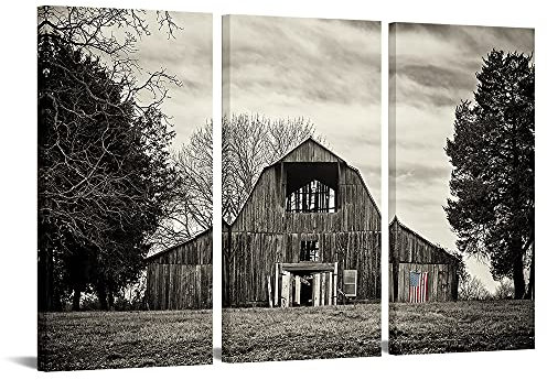 VANSEEING Rustikale Scheunen-Leinwand-Wandkunst, Schwarz und Weiß, alte Scheune mit USA-Flagge, Gemälde, Druck, Vintage, Kabine, Landschaft, Bild für Bauernhaus, Heimdekoration, 40.6x81.3 cm, 3 Stück