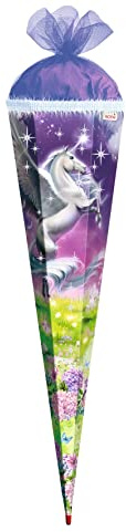 ROTH Schultüte groß Magic Pegasus mit Glitter und Borte 85 cm eckig Rot(h)-Spitze Tüllverschluss Zuckertüte Schulanfang