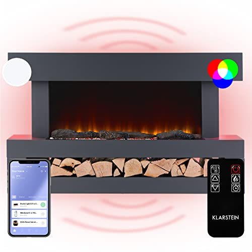 Klarstein Chimenea Electrica Bajo Consumo Pared, Estufa sin Leña de Interior, Chimeneas Electricas Decorativas 2000W, Llama LED, Chimenea Decorativa con Mando, Temporizador y Efecto Real Troncos