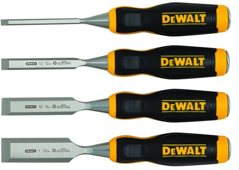 DeWALT Wood Chisel Set, 4 Piece Tempered Chrome Carbon-Steel Blade for Edge Retention with an ergonomically Designed bi-Material Handle and a Hardened Strike Cap for Durability
