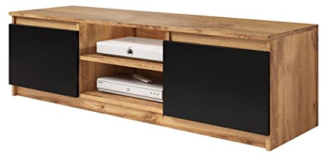 TV Lowboard Mimires mit 2 Facher und 2 Türen, Grifflosem Öffnen, Fernsehtisch, TV Tisch, Fernsehschrank, Unterschrank, TV Board (Wotan/Schwarz Graphit, mit weißer LED Beleuchtung)