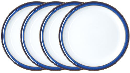 Denby - Imperial Blue Medium Plates Set of 4 - Dishwasher Microwave Safe Crockery 22cm - Royal Blue, White Ceramic Stoneware Tableware - Chip & Crack Resistant Lunch Plates