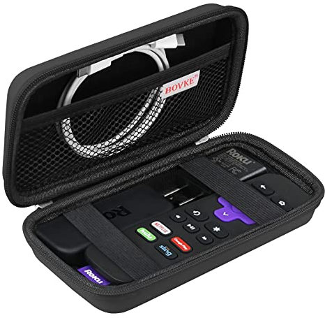 BOVKE Hard Case for Roku Streaming Stick 2025 / Plus 2025, Voice Remote Control Travel Case for Roku 3820EU Streaming Stick, Extra Mesh Pocket for Cables, Adapters, Black+Black