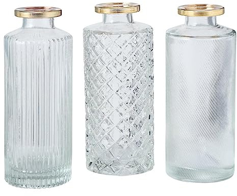 ReWu Vase im 3er Set aus Glas in Flaschenform mit Relief Veredelung für Blumen Gräser und Zweige - Transparent Gold - 13 cm Höhe, 5 cm Durchmesser