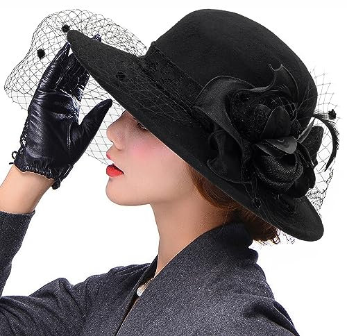 Damen-Fedora-Hut mit Schleier, Schlapphut, Filz, Kirchenparty, Vintage-Stil, 1920er-Jahre, eleganter Fascinator, klein, Schwarz, Small